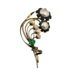 Vintage Sterling Pearl Green Rhinestone Floral Spray Brooch Pin